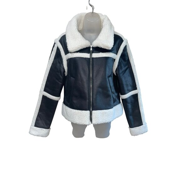 New Vigoss Shearling Aviator Jacket Faux Leather & Sherpa Trim Size Medium - Picture 2 of 9